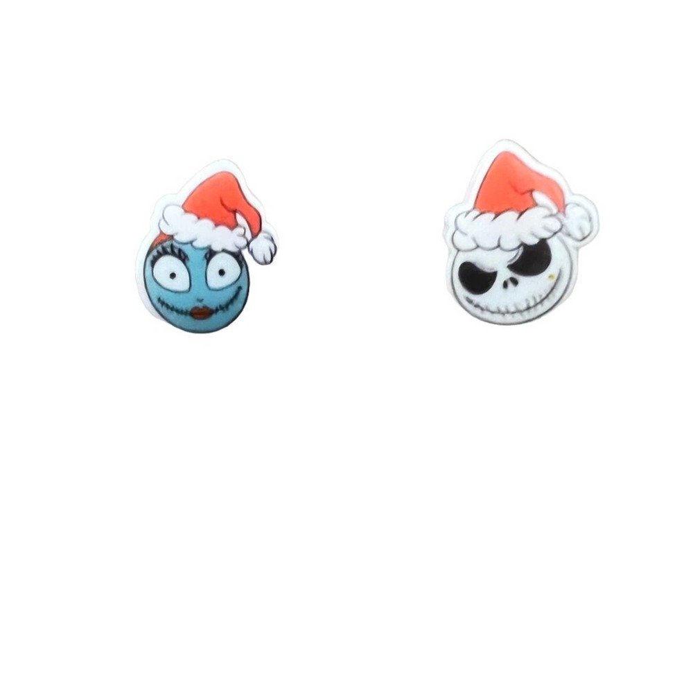 Jack and Sally, Nightmare before Christmas earrings with  Santa hats.